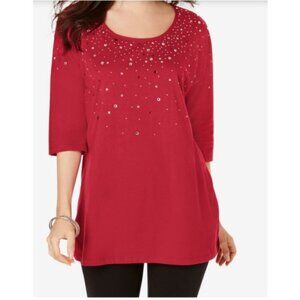 * ROAMAN’S Red Rhinestone Embellished Tunic Top Womans 1X 22 24